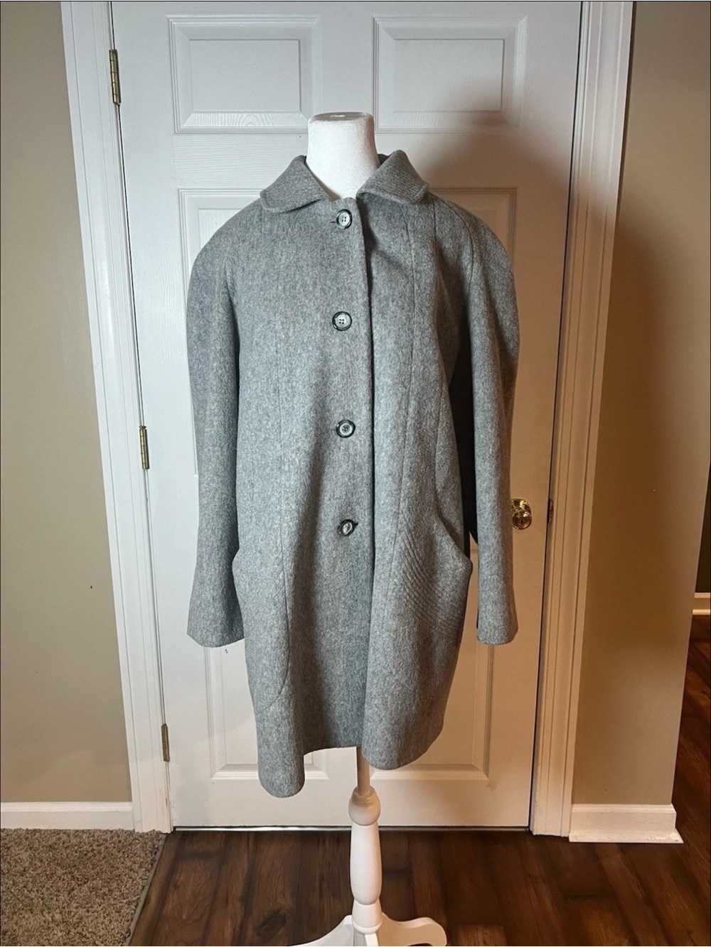 VTG Gray Wool Blend Car Coat Overcoat Mid Length Peter Pan Collar Modernist M/L